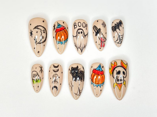 Hand-Painted Halloween Press On Nails | Ghost, Pumpkin, Cat & Skull Nail Art | Unique Handmade Nail | Horror-Inspired Nail Art | JB188HK