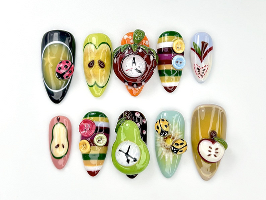 Fruity Fun Press On Nails | 3D Fruit Bug Nail Art | Clock Design Cute Kawaii Nails | Colorful Handmade Fake Nails | Summer Nails | JA802YC