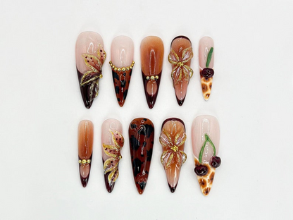 Brown Tortoise Shell Press-On Nails | Handmade Gold Floral Accent Nails | Tortoise Shell and Cherry Design | Brown Ombre Accents | JB652H