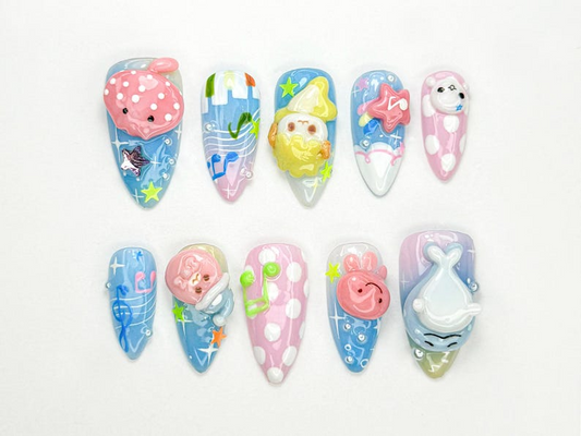 Kawaii Summer Press On Nails | 3D Pastel Marine Animals | Kawaii Sea Nail Art | Cartoon Seal Whale Jellyfish Nails | Summer Nails | JB890HC