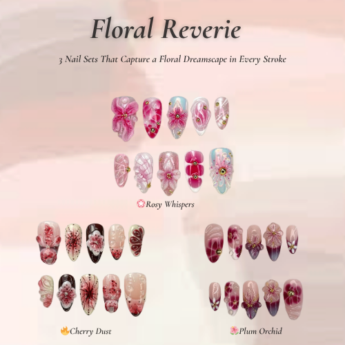 Floral Reverie Press On Nail Bundle | 3 Handmade Floral Nail Sets | Pink Blossom Nails | Reusable Nail Kit
