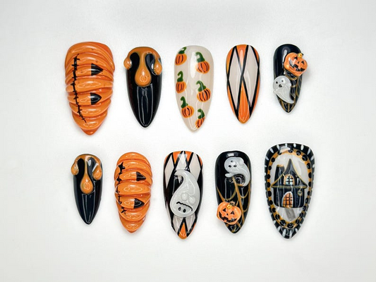 Pumpkin Haunted Night Press On Nails | 3D Ghost Pumpkin Nail Art | Handmade Halloween Nail Design | Black & Orange Press Ons | HB102HC