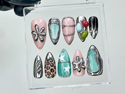 Chrome Abstract Press On Nails | Y2K Futuristic Jellybean Fake nails | Star & Flower Art Nail Art | Futuristic Y2K Chrome Nails | HB941YK