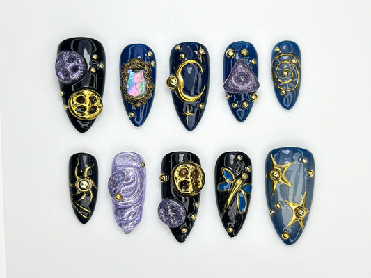 Cosmic Galaxy Press On Nails | Celestial Moon Star Nail Art | Dark Blue & Gold Mystical Nails | Opal Constellation Nail Design | JC860H