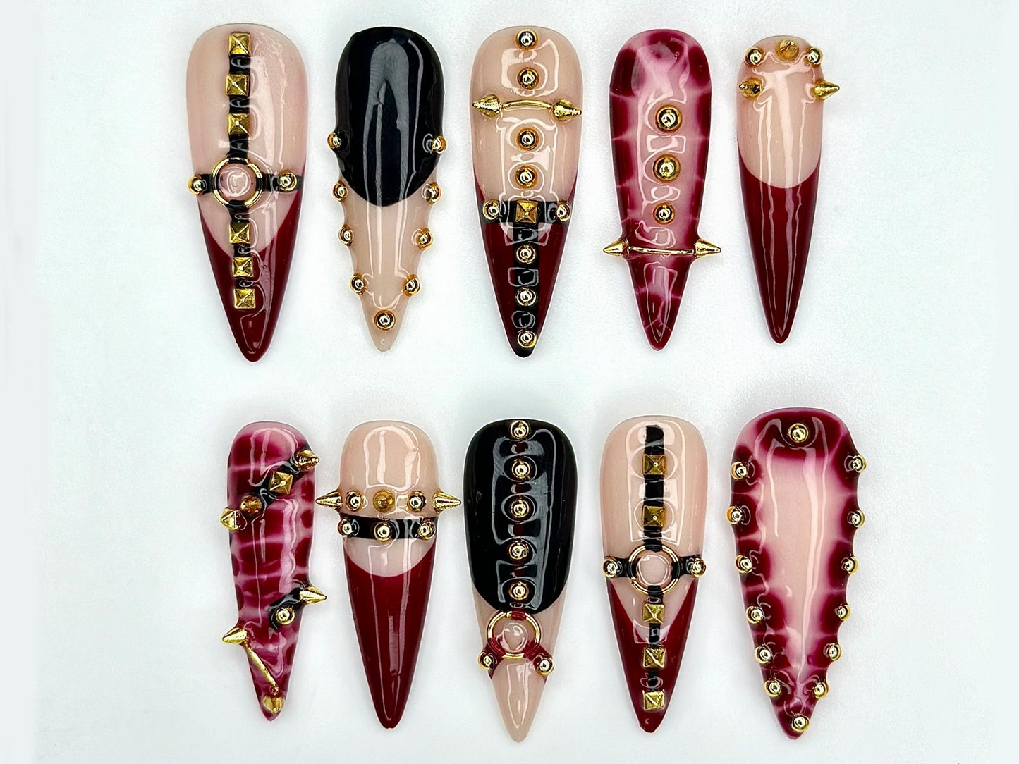 Handmade Gothic Press On Nails | Spiked, Studded Red & Black Nails | Punk Rock Statement Nail Art | JC968EP