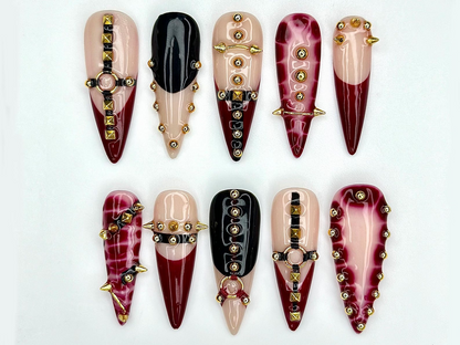 Handmade Gothic Press On Nails | Spiked, Studded Red & Black Nails | Punk Rock Statement Nail Art | JC968EP
