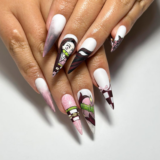 Nezuko Demon Slayer Press On Nails | Anime Cosplay Nail Art | Handmade Japanese Fake Nails |Kimetsu No Yaiba Press Ons |Kawaii Nails|DB705YC