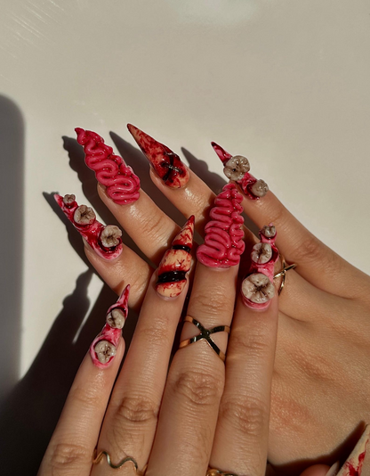 Gorecore Horror Halloween Press On Nails | 3D Brain & Bloody Wound Nail Art | Long Creepy Press Ons | Handpainted Halloween Nails | JB112HC
