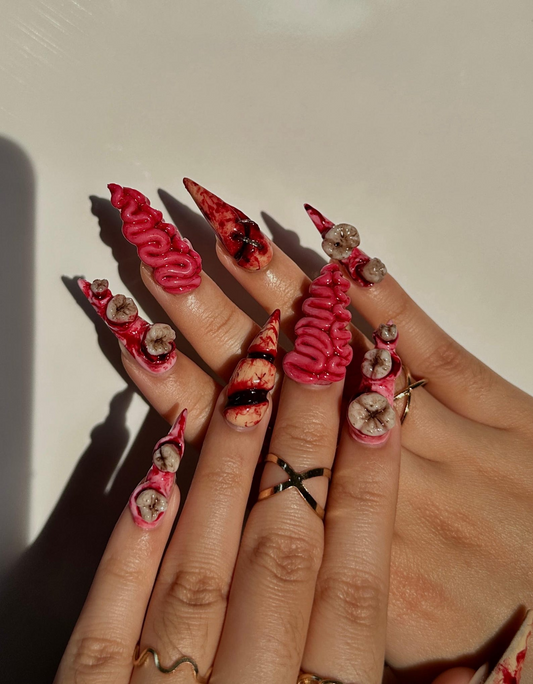 Gorecore Horror Halloween Press On Nails | 3D Brain & Bloody Wound Nail Art | Long Creepy Press Ons | Handpainted Halloween Nails | JB112HC