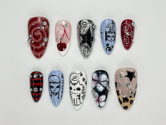 Grunge Cartoon Style Press On Nails | Red & Blue Mismatch Nails | Handpainted Edgy Punk Art | Funky Cartoon Press Ons| Handmade Nail|JC977HC