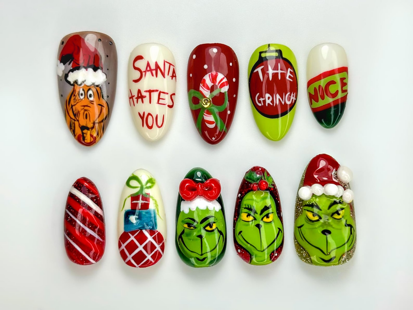 Grinch Mischief Press On Nails For Christmas | Cute Cartoon Winter Nail Art | Funny Holiday Nails | Red Green Christmas Set |JB227EG
