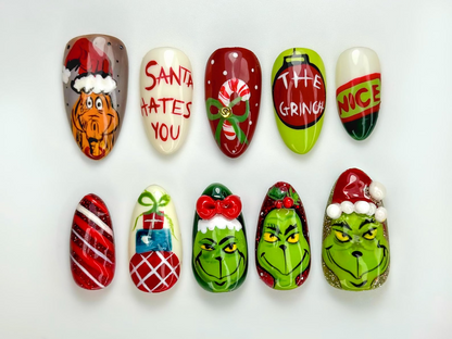 Grinch Mischief Press On Nails For Christmas | Cute Cartoon Winter Nail Art | Funny Holiday Nails | Red Green Christmas Set |JB227EG