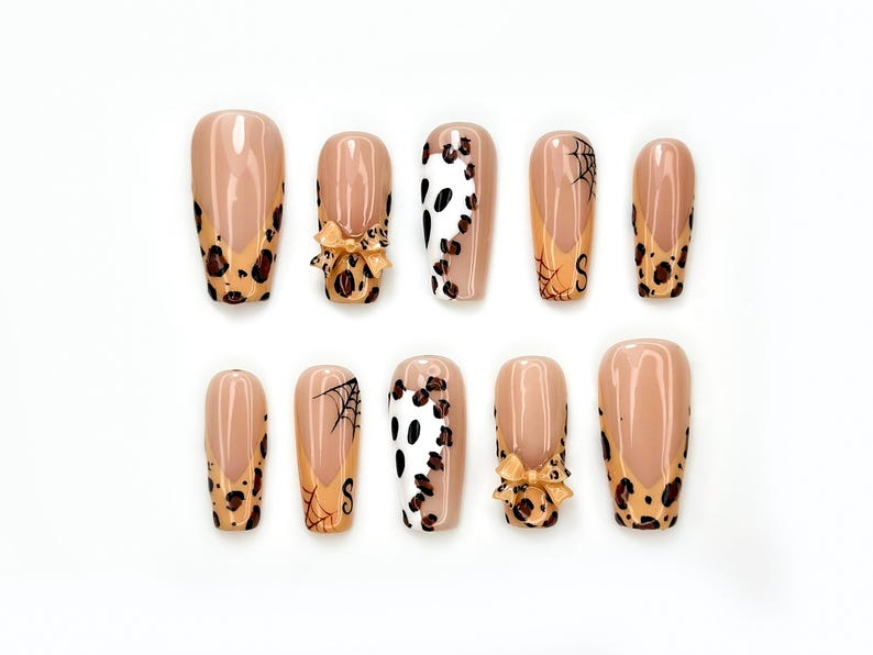 Fall Luxury Leopard Press On Nails| Autumn Nude & Bow Accent Nail Set | 3D Bow Accent Nails | Halloween Chic Design | JB180EC