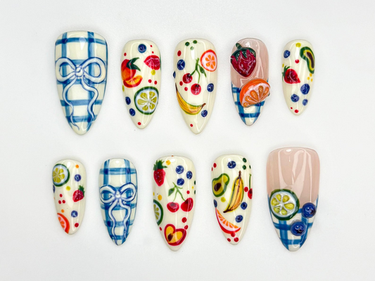 Fruit Picnic Press On Nails | Hand-Painted Fruit Nail Art | Summer Citrus Nail Design | Plaid Bow Cute Press Ons | Colorful Nails | JB853HC