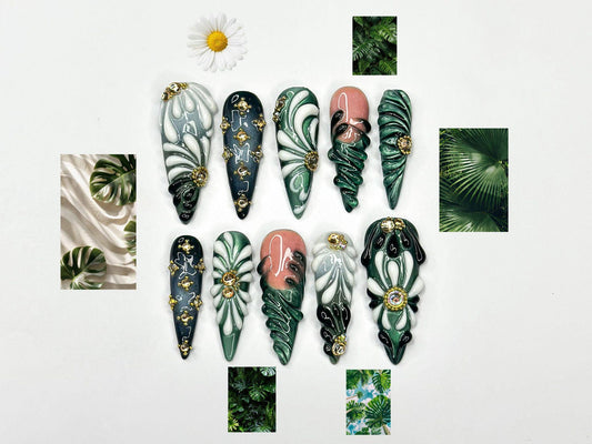 Green Black Press On Nails with 3D Floral and Gold Detail | Elegant Botanical Nails in Almond Shape | Luxury Nails | JB356NC