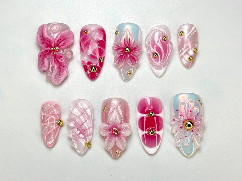 Floral Reverie Press On Nail Bundle | 3 Handmade Floral Nail Sets | Pink Blossom Nails | Reusable Nail Kit| DB104L