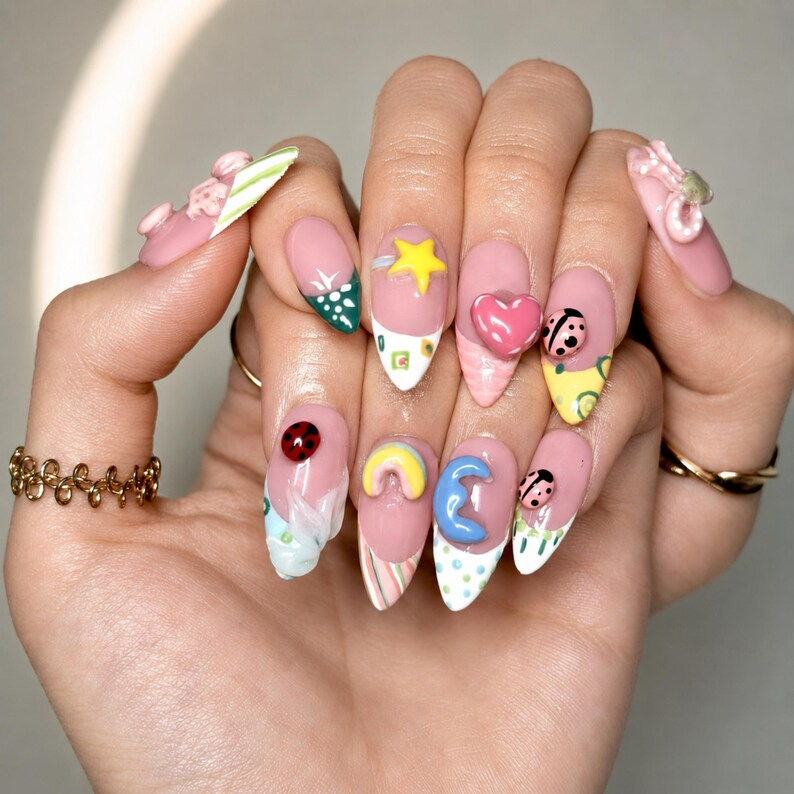 Cute 3D Ladybug Summer Press On Nails Almond • Tropical Pool Party Vibe • Rainbow Star Heart Charm • Colorful French Tip • OB1366DG