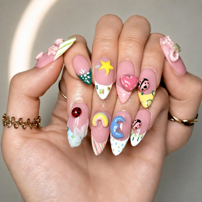 Cute 3D Ladybug Summer Press On Nails Almond • Tropical Pool Party Vibe • Rainbow Star Heart Charm • Colorful French Tip • OB1366DG