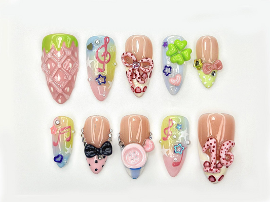 Kawaii Music Bow Press On Nails | Pastel Cute Nail Art | Rainbow Melody 3D Nails | Birthday Party Nails | Y2K Sweet Girl Press Ons | JB972EC