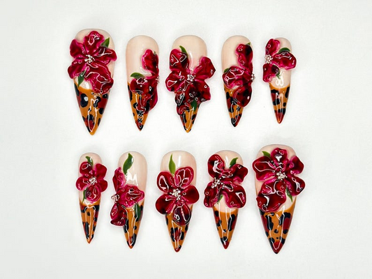Tropical Orchid Fall Press On Nails | Handmade Floral Nail Art | Elegant Floral Press Ons |Elegant Orchid Nail| Leopard Print Nails| JB179HC