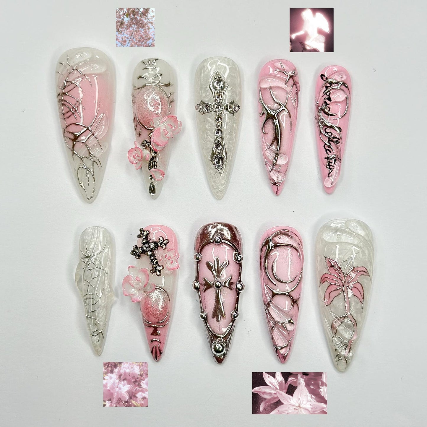3D Pink Gothic Cyber Nails | Silver Chrome Cross Press Ons | Ethereal Grunge Liquid Metal Nails | Y2K Punk Butterfly Press Ons | OB362IC