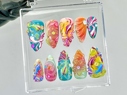 Colorful 3D Press On Nails by Dorynail | Swirl Rainbow Fake Nails | Swirly Neon Nail Art |Multicolor 3D Nail Art |Psychedelic Nails|HB796YC