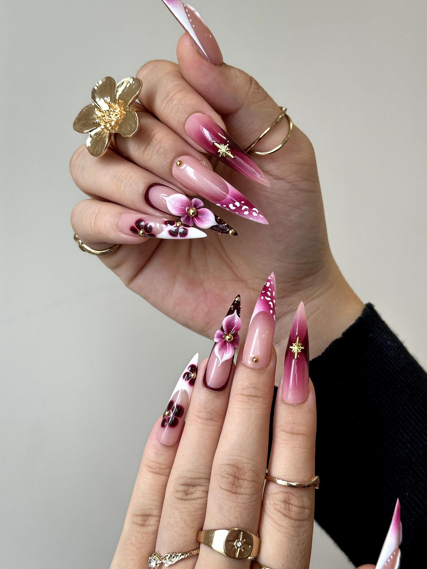 Elegant Floral Press On Nails | 3D Floral Ombre Nails | Burgundy & Pink Gradient Nail Art | Luxury Handmade Press Ons | DC881HC