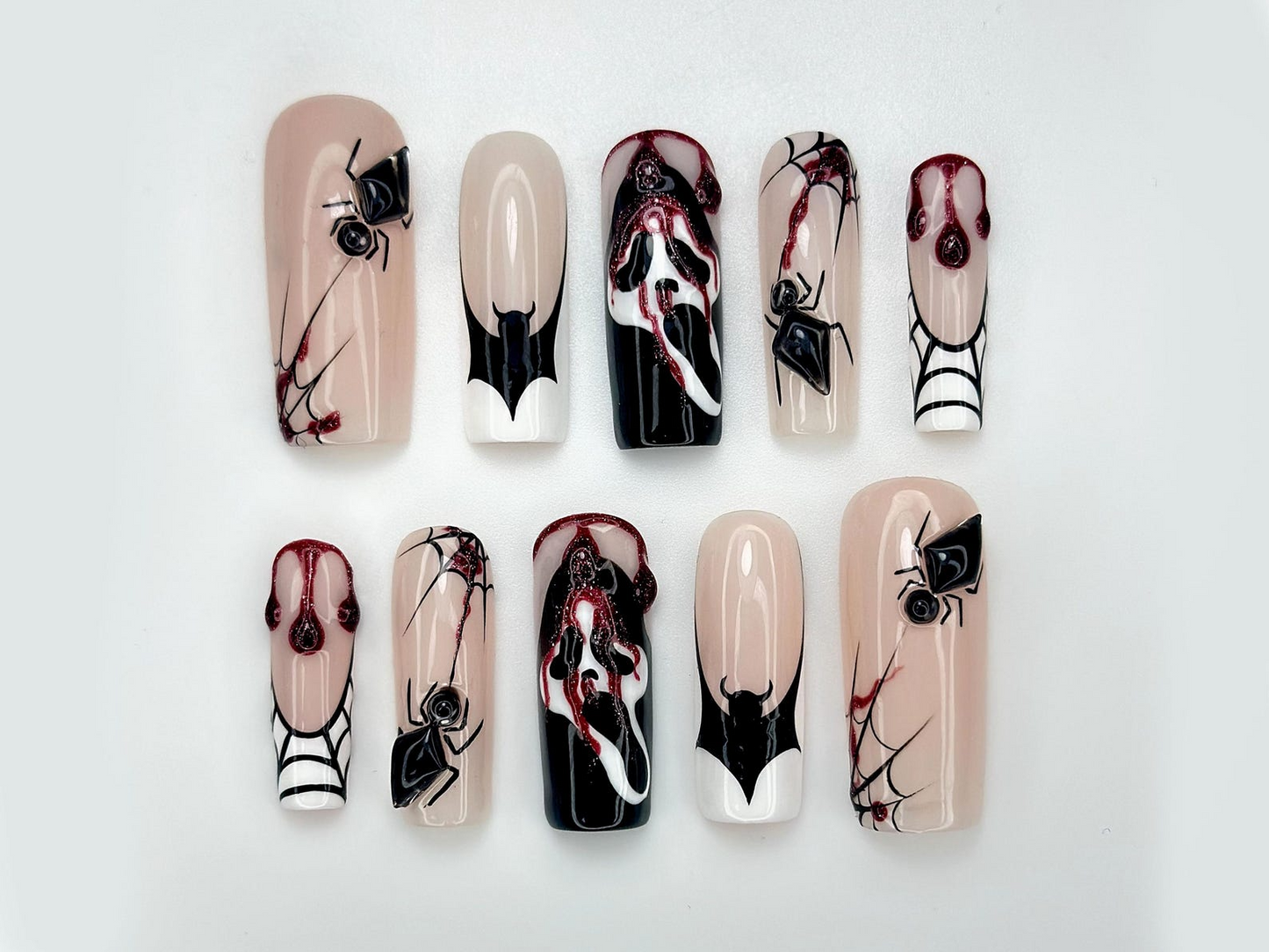 Gothic Spider Web Press On Nails | 3D Black Widow and Blood Drip Art | Scream Ghost & Webbed Bat Design | Halloween Horror Nail | JB980EC