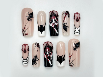 Gothic Spider Web Press On Nails | 3D Black Widow and Blood Drip Art | Scream Ghost & Webbed Bat Design | Halloween Horror Nail | JB980EC
