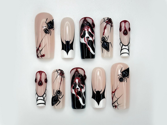 Gothic Spider Web Press On Nails | 3D Black Widow and Blood Drip Art | Scream Ghost & Webbed Bat Design | Halloween Horror Nail | JB980EC