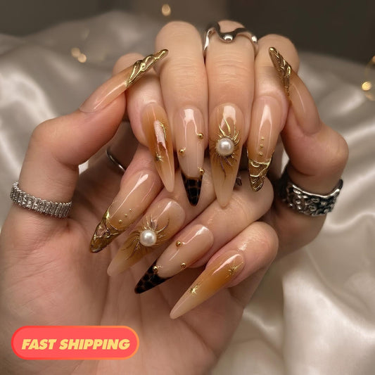 Gold Sun Pearl Press On Nails | Shiny Jelly Brown Nails | Luxury Gold Swirl Art | Bold Party Night | Elegant Prom Wedding Set | OB95DK