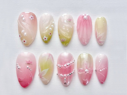 Blushing Blossoms Press On Nails | Pink and Yellow Pastel Tones with Floral Accents and Elegant Rhinestones | Seven Nail Art | JC231S