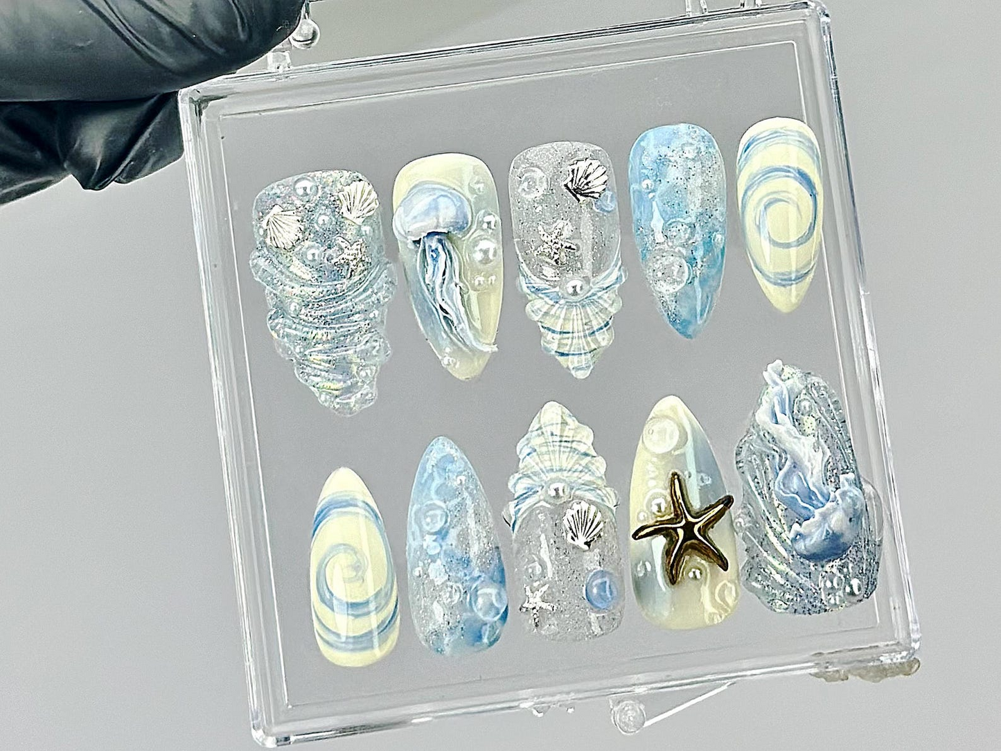 Ocean Theme Press On Nails | 3D Jellyfish & Shell Press Ons | Beach Vibes Fake Nails | Summer Sea Nail Art | Underwater Nails | HB822YC