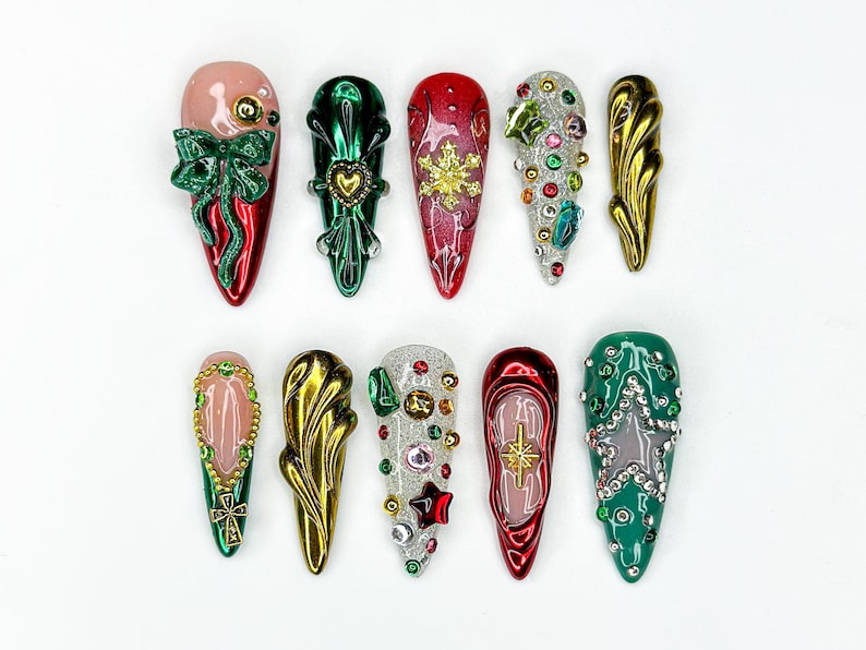 Luxe Ornament Christmas Press On Nails | 3D Holiday Nail Art | Red & Green Chrome Nails | Rhinestone Design | Festive Press Ons | JB214HC