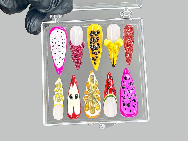 Tropical Fruit Press On Nails | Dragonfruit & Banana Nail Art | Colorful Fruit Press Ons | Kawaii Fruit Fake nails | Summer Nails | HB953YK