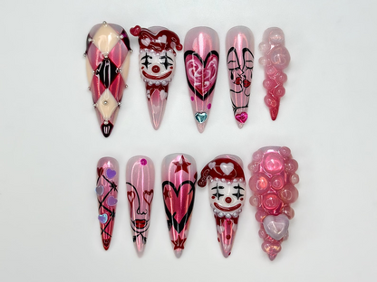 Gothic Valentine Clown Heart Press On Nails for Dark Romance Girls, Handmade Long Pink Chrome Fake Nails, Alternative Love Nail,JB278EC