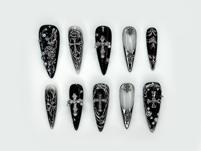Gothic Cross Elegance Press On Nails | Black & Silver 3D Nail Art | Intricate Crosses And Pearls | Dark Gothic Fantasy Nails |HB1045EP