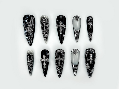Gothic Cross Elegance Press On Nails | Black & Silver 3D Nail Art | Intricate Crosses And Pearls | Dark Gothic Fantasy Nails |HB1045EP