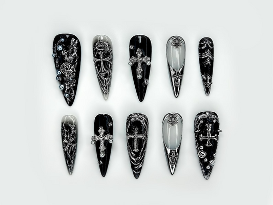Gothic Cross Elegance Press On Nails | Black & Silver 3D Nail Art | Intricate Crosses And Pearls | Dark Gothic Fantasy Nails |HB1045EP