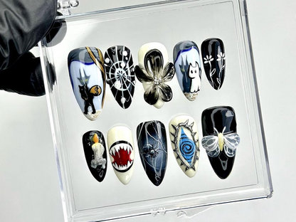 3D Gothic Press On Nails | Black White Art Nails | Spider Web & Monster Design | Ghost Cat and Spider Web Design Nails | HB957