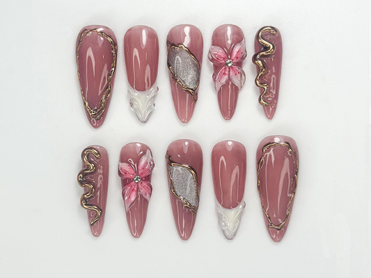 Press On Nails Adhesive Tabs – Nude Red Heart & Glitter Bow Design Long Almond Handmade Fake Nails for Valentine Gift