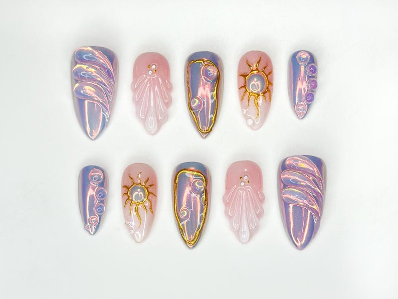 Iridescent Sunshine Press On Nails | Golden Sun Nail Art | Sunshine & Waves with Gold Accents | Handmade Unique Nail Set | HB1098HC