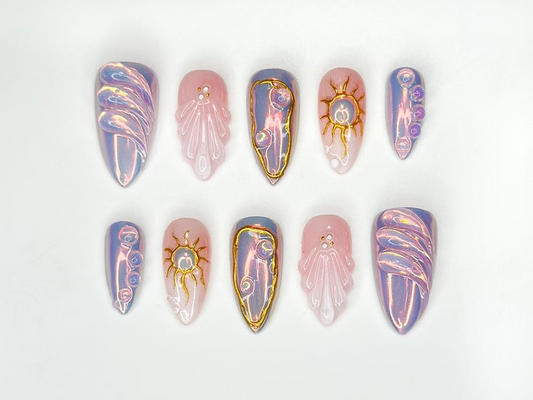 Iridescent Sunshine Press On Nails | Golden Sun Nail Art | Sunshine & Waves with Gold Accents | Handmade Unique Nail Set | HB1098HC