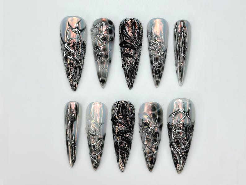 Press On Nails Adhesive Tabs – Black Silver Chrome Abstract Art Long Stiletto Handmade Fake Nails for Gothic Futuristic Look
