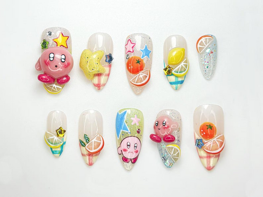 Kirby Pink Cute Press On Nails | 3D Kirby & Citrus Nail Art | Colorful Kawaii Press Ons | Handmade Cute Cartoon Nail Set | JB124HC