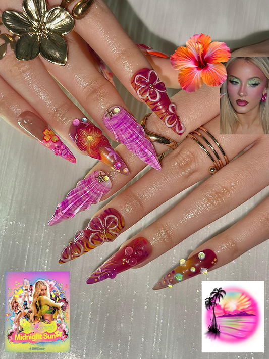 Midnight Sun Aesthetic Press On Nails, 3D Purple Seashell and Hibiscus Floral Nails, Maximalist Tropical Y2K Luxury Fake Nails, HB1287HK