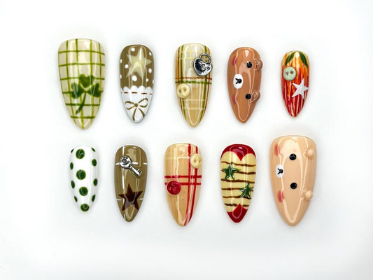 Cozy Forest Bear Press On Nails | Plaid And Polka Dot Fall Nail Art | Green & Brown Nature-Inspired Nails | Cute Bear Accent Nails| HC1167BK