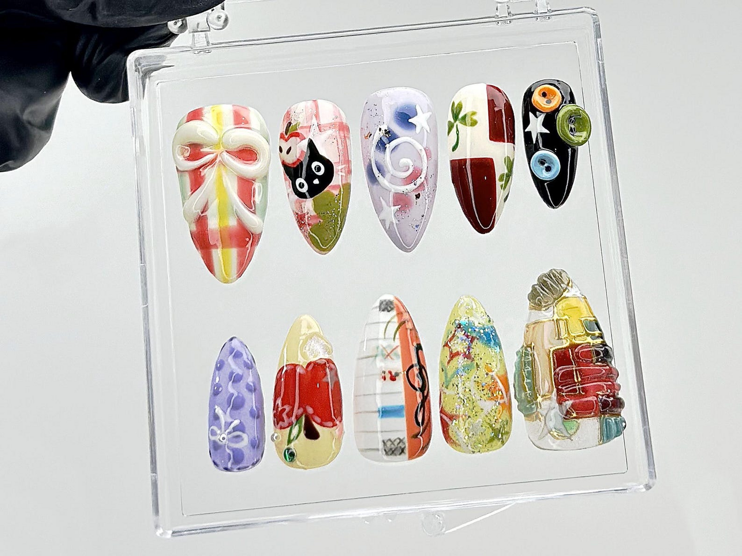 Jiji Cat & Colorful Abstract Press On Nails | Unique Cartoon Fake Nails | Whimsical Art Nail Art | Mixed Media Press Ons | Summer | HB880YC