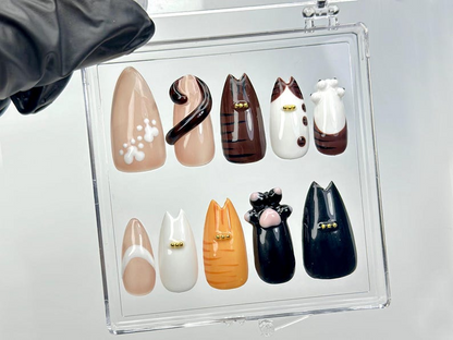 Cute Cat Press On Nails | 3D Kitty Paw & Tail Nail Art | Adorable Cartoon Animal Nails | Playful Handmade Cat Nail Set | HC1006EC