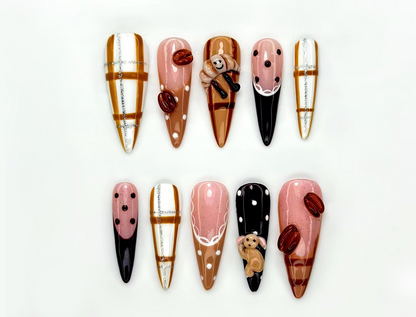 Teddy Bear Autumn Press On Nails | Fall & Autumn Coffee Nails | Cute Bear Nail Art | Plaid Neutral Nails | Handmade Luxury Nails |JB209EC
